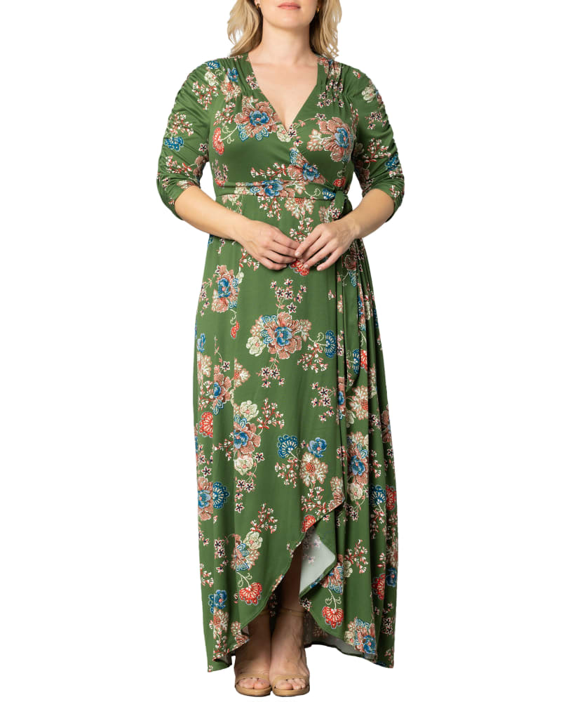 Front of a model wearing a size 5X Meadow Dream Maxi Dress in OLIVE FLORAL PRINT by Kiyonna. | dia_product_style_image_id:303115